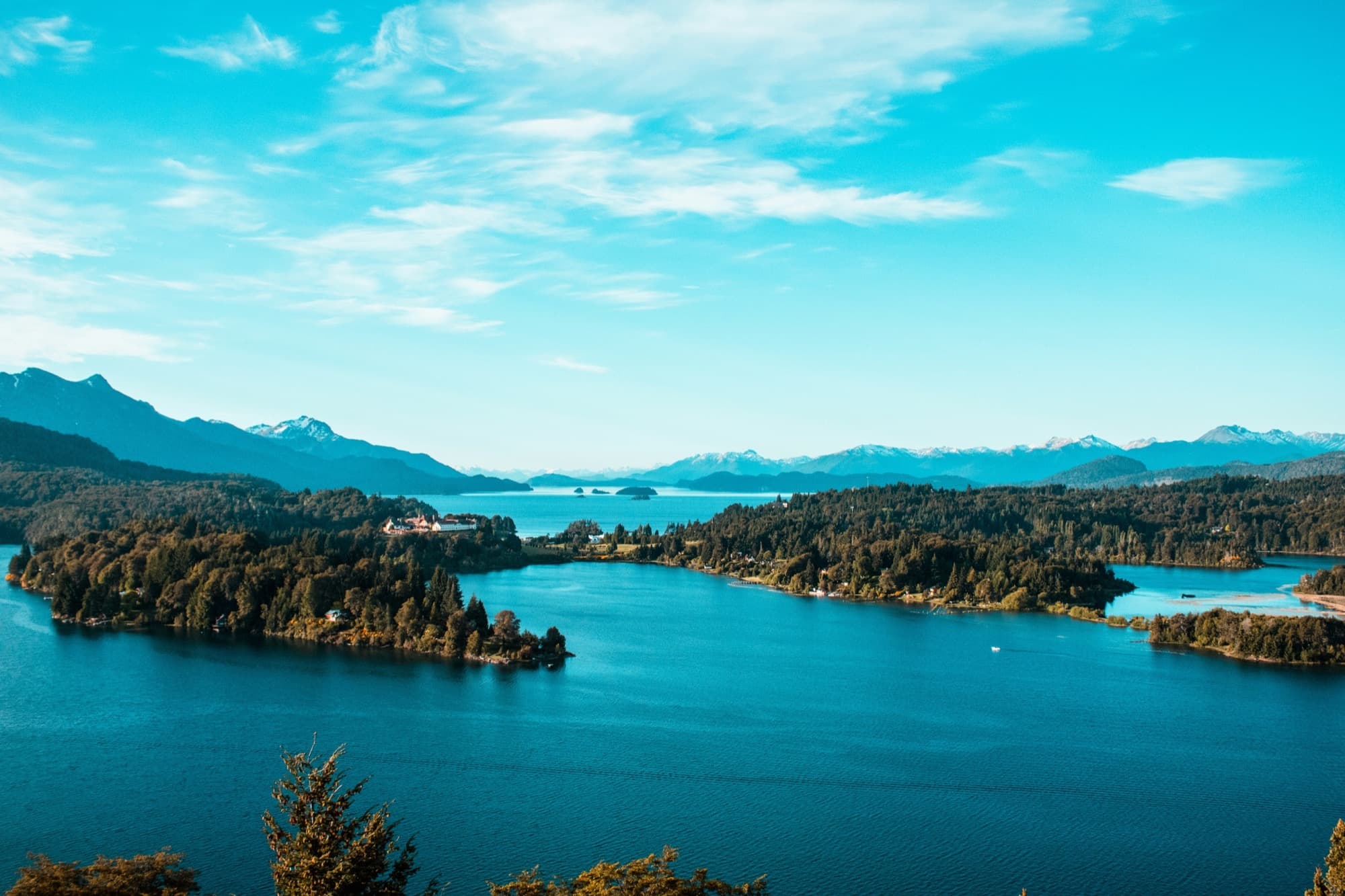 Islands and deep blue water on Lake Nahuel Huapi in Patagonia