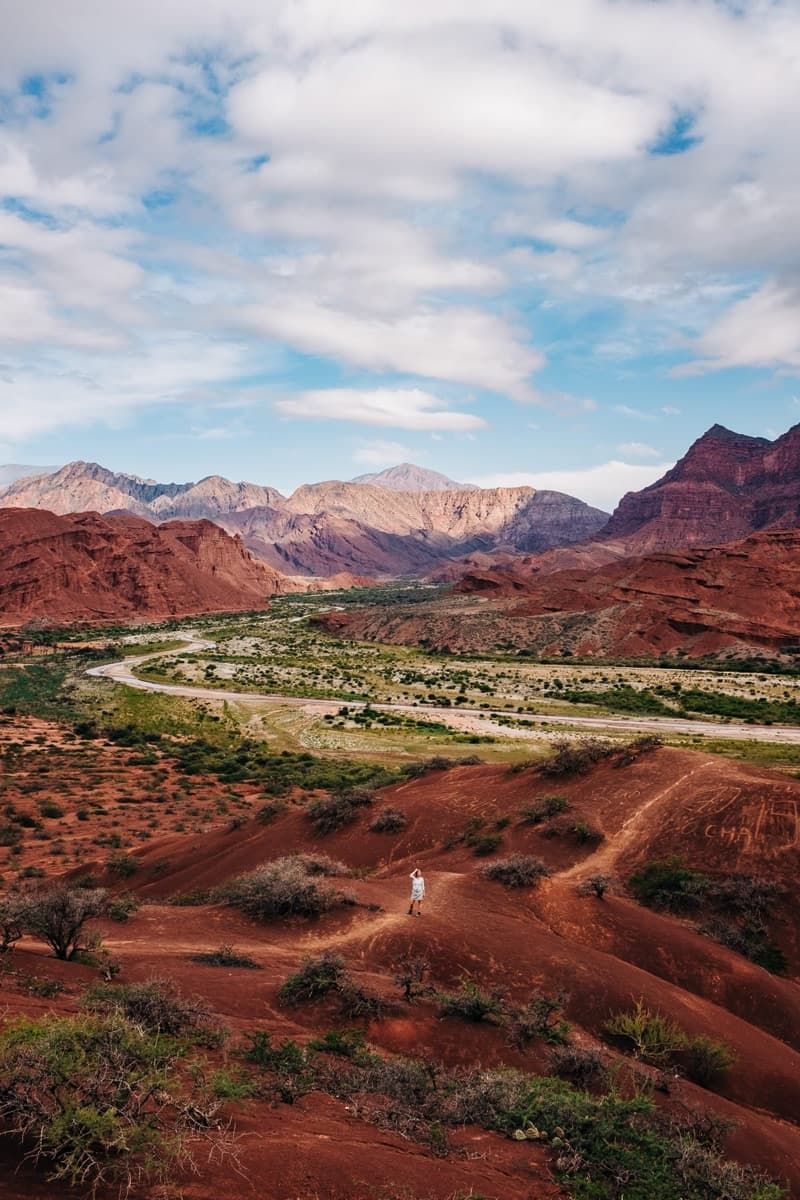 A winding road through the red rock canyons of the Calchaquí valleys