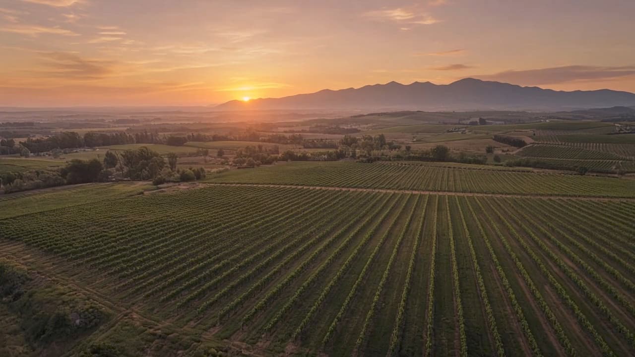 Vineyard rows in low afternoon light